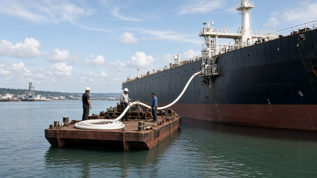 Fresh water barge supplying a vessel alongside