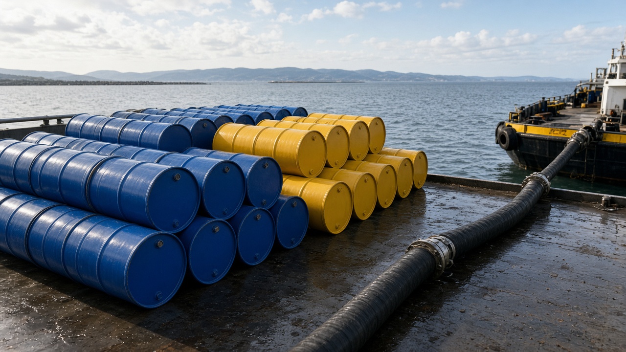 Marine lubricant drums and bunker hose alongside a vessel