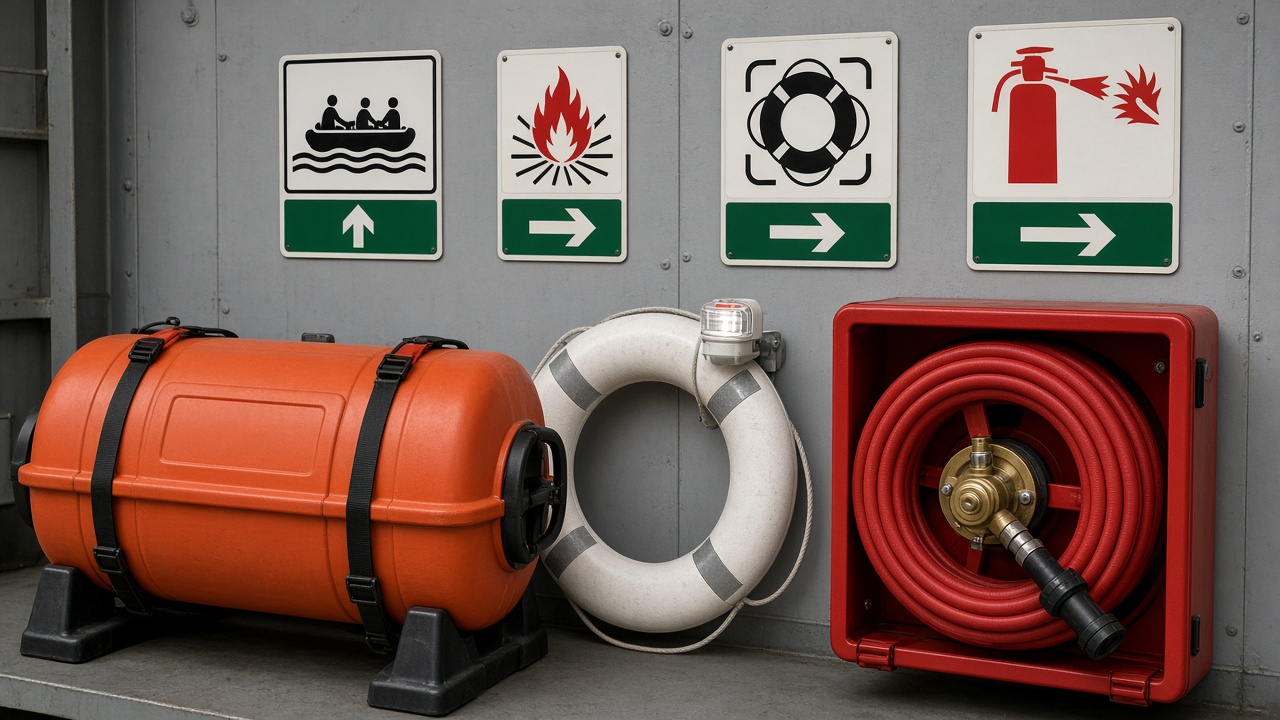 Life raft, lifebuoy and fire hose in the safety store